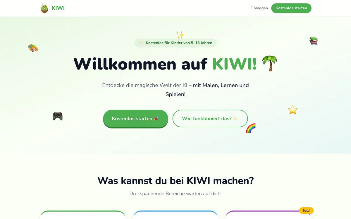 Startseite von kiwi4you.de: „Willkommen auf KIWI!“, kostenlos für Kinder von 5 bis 13 Jahren, mit Malen, Lernen und Spielen