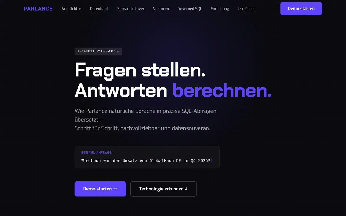 Startseite von parlance-ai.de: „Fragen stellen. Antworten berechnen.“ mit einer Beispielanfrage nach dem Umsatz in Q4 2024